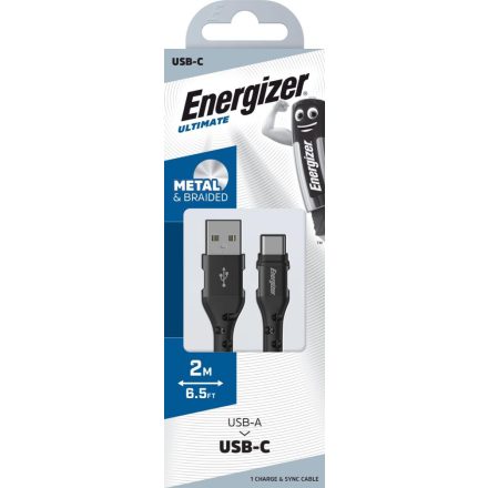 Energizer USB - USB-C Metal / Braided Nylon Kábel - 2m 2A - Fekete