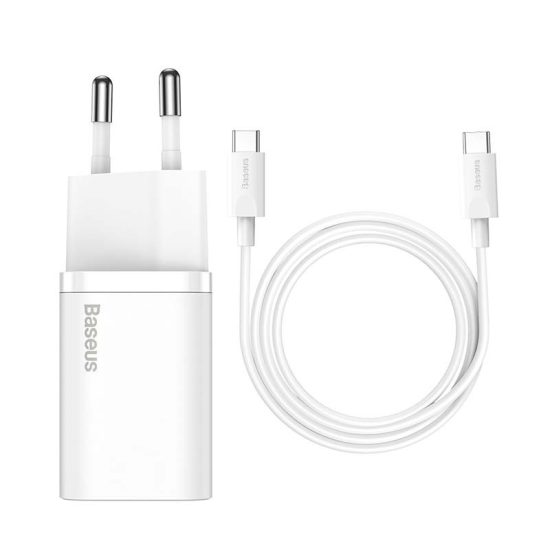 Baseus Super Si Hálózati Gyorstöltő 25W - USB-C + 1m USB-C-USB-C Kábel - Fehér