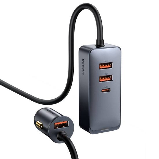 Baseus Share Together Autós Töltő Hosszabbító Kábellel - 3x USB + USB-C - 120W - Szürke