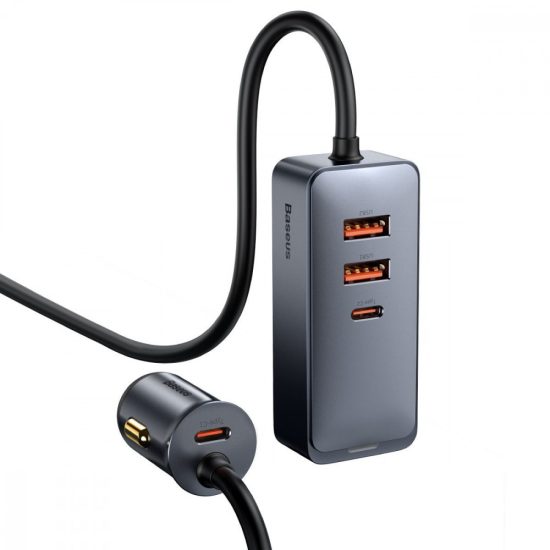 Baseus Share Together Autós Töltő Hosszabbító Kábellel - 2x USB + 2x USB-C - 120W - Szürke