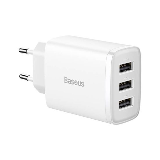 Baseus Compact Hálózati Gyorstöltő - 3xUSB - 17W - Fehér