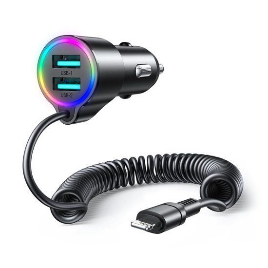 Joyroom JR-CL25 3-in-1 Autós Töltő 17W - 2xUSB + 1.5m Lightning Kábel - Fekete