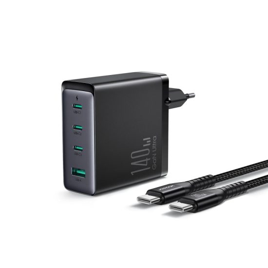 Joyroom GaN Hálózati Gyorstöltő 140W - 3xUSB-C + USB-A + C-C Kábel - Fekete