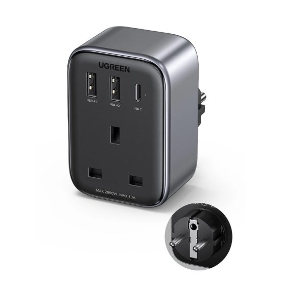 Ugreen CD314 Hálózati Töltő 30W - 2xUSB + USB-C + EU-UK Adapter 13A  - Fekete