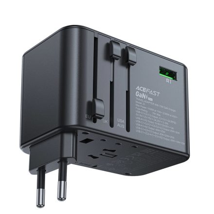 Acefast Z1 GaN Töltő / Utazóadapter 75W - EU / UK / US / AU - 3x USB-C + 2x USB-A - Fekete