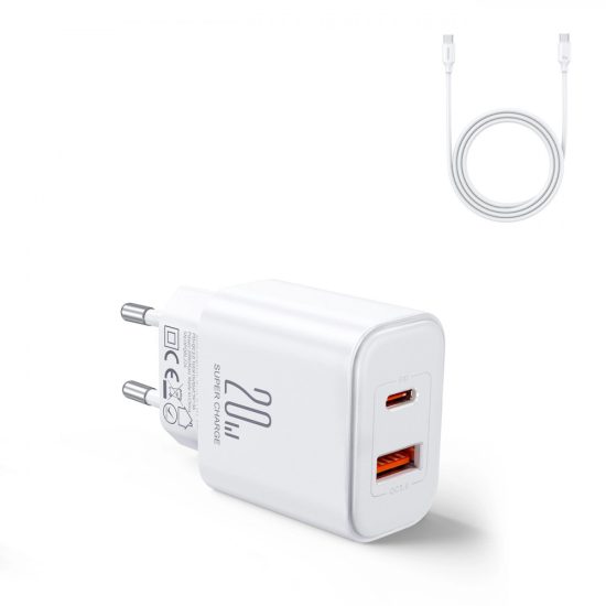 Joyroom Hálózati Töltő 20W - USB-A + USB-C + USB-C Kábel - Fehér