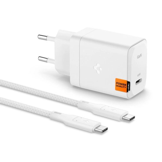 Spigen ArcStation Pro Hálózati Töltő 65W - USB-C + USB-C Kábel - Fehér